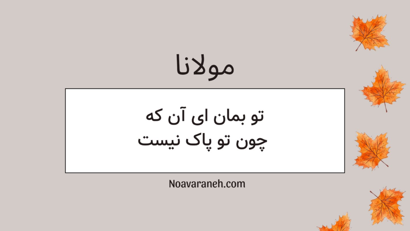 تصویر با نقل قولی از مولانا با متن تو بمان ای آن که چون تو پاک نیست و برگ‌های پاییزی در کناره‌های تصویر از وب‌سایت noavaranh.com.